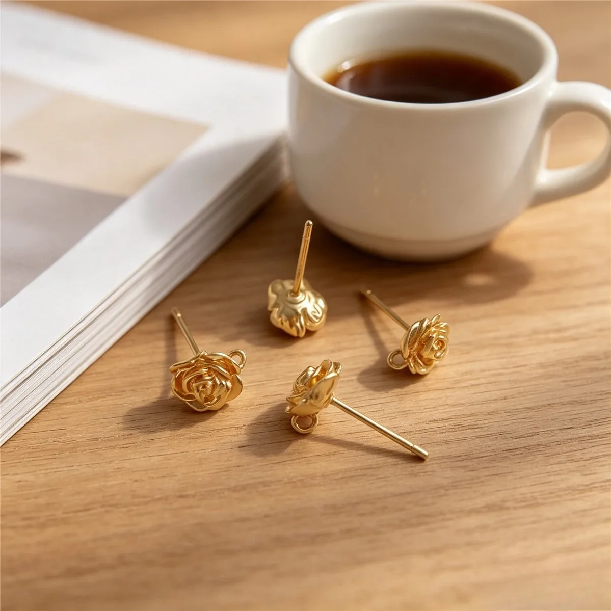 Brass Gold Plated Rose Flower Stud With Hanging Loop DIY Handmade Mini Dangle Ear Jewelry Findings