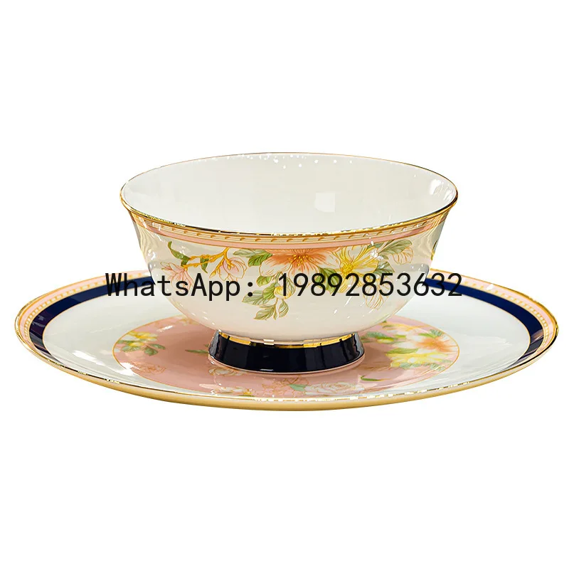 Xl high-end bone china tableware bowl and plate suitfor home wholesaleaccessible luxury gold rim bowl and chopsticks