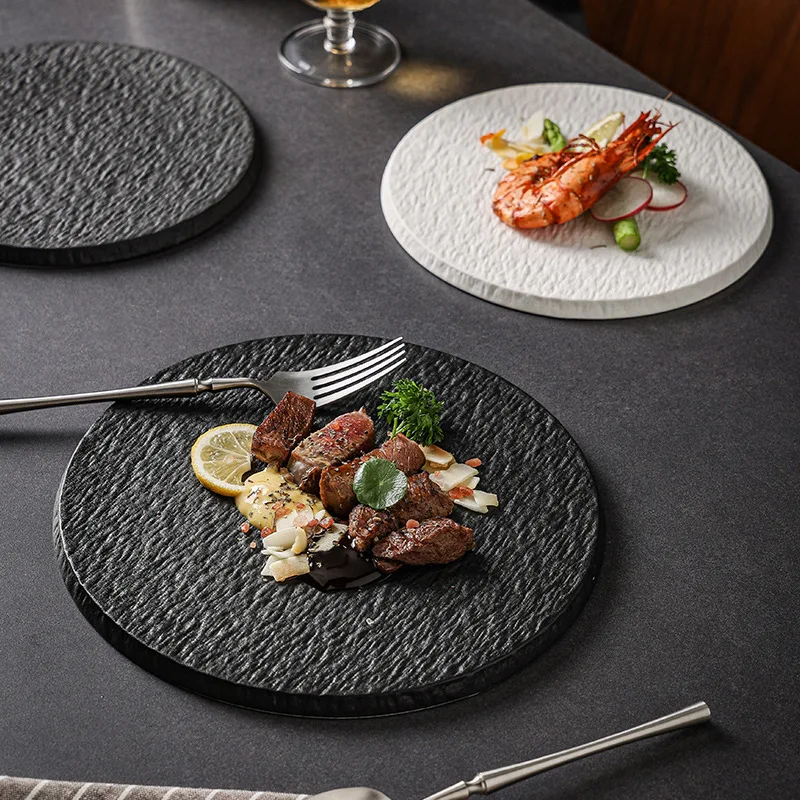 Stone Pattern Black Flat Plate Ceramic Round Cake Dessert Plate Hotel Restaurant Tableware Home Cooking Dishes Kitchen Utensils