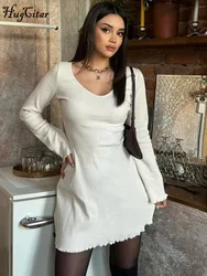 Hugcitar 2024 Spring Ribbed V Neck Long Sleeve Solid Sexy Slim Mini Dress Women Elegant Outfit Evening Party Birthday Festival