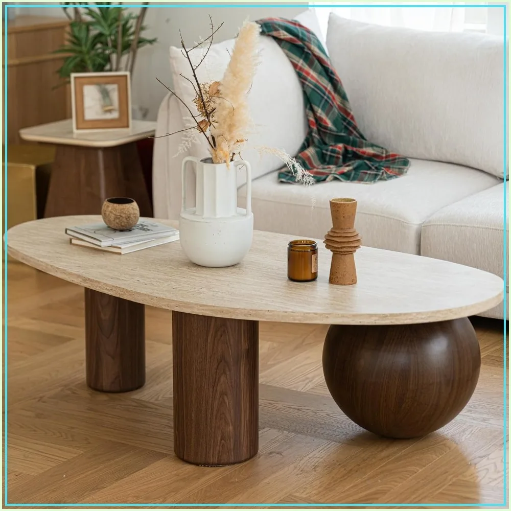 55'' Modern Oval Wood Coffee Table for Living Room, 3 Walnut Accent Legs