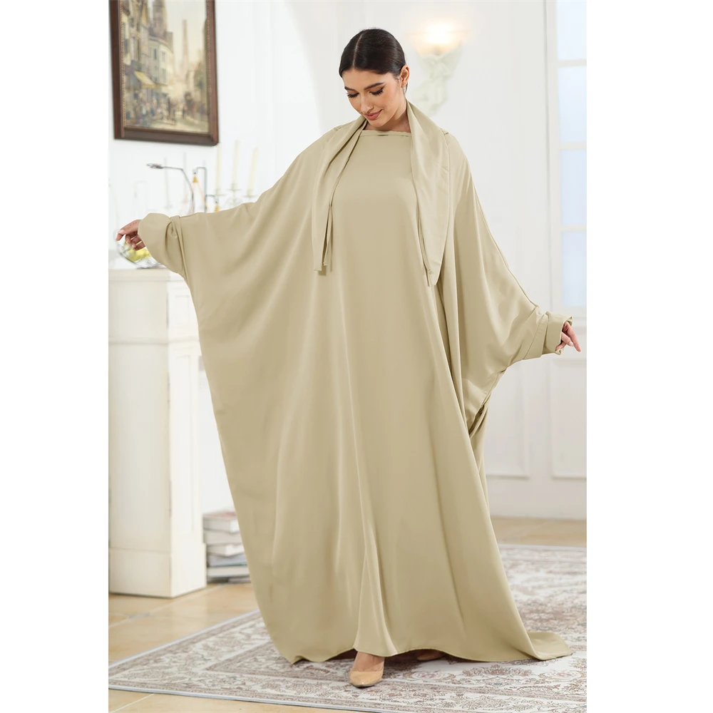 Satin Abaya Frauen Muslim Lange Khimar Lose Fledermaus Ärmel Maxi Kleid Türkei Gebet Krawatte Zurück Eid Ramadan Kaftan Islamischen Jalabiya Robe