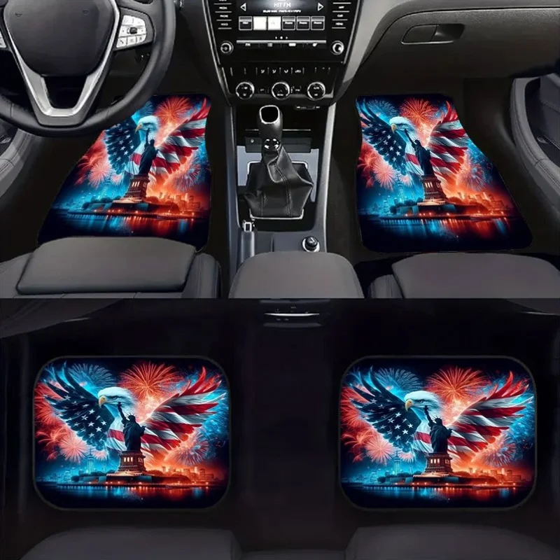 4pcs American Flag Eagle Car Floor Mats Set - Crystal Velvet Anti-Slip All-Weather Fit With Red White Blue Patriotic Design, Ful