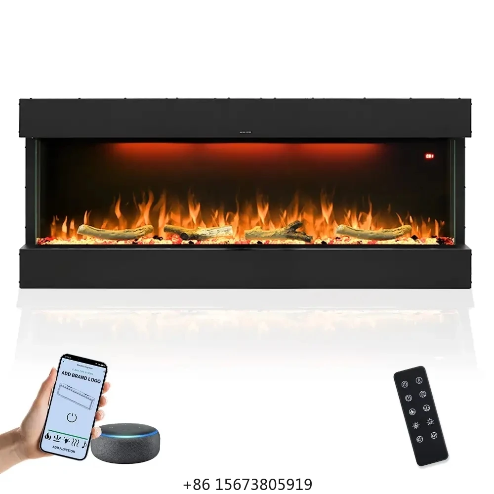 

60-дюймовый современный трехсторонний электрический каминный вкладыш с LED-эффектом пламени, встроенным стальным нагревателем и интеллектуальным управлением для дома и отеля