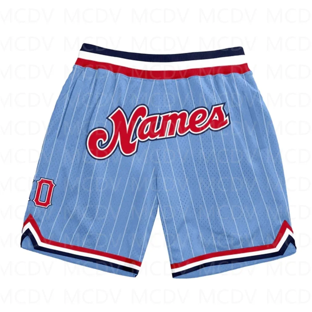 Custom Lichtblauw Wit Krijtstreep Rood-Goud Authentieke Basketbalshort 3d Bedrukte Heren Shorts Sneldrogend Strandshort