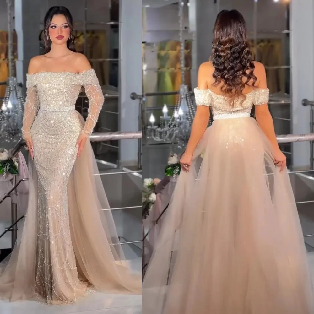 Vestidos de 럭셔리 보트 칼라 페르시 반짝 이는 사우디 드레스 분리형 기차 섹시한 인어 백리스 긴 소매 맞춤 제작