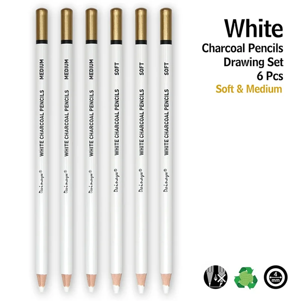 

4MM 6PCS Sketch White Charcoal Pen High-gloss Pencil Set Student Painting Drawing Soft & Medium Charcoal Pencil Art Supplies