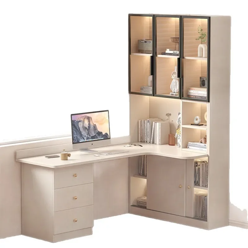 

Solid wood corner desk bookshelf integrated simple household bedroom student L-shaped computer desk bookcase combination