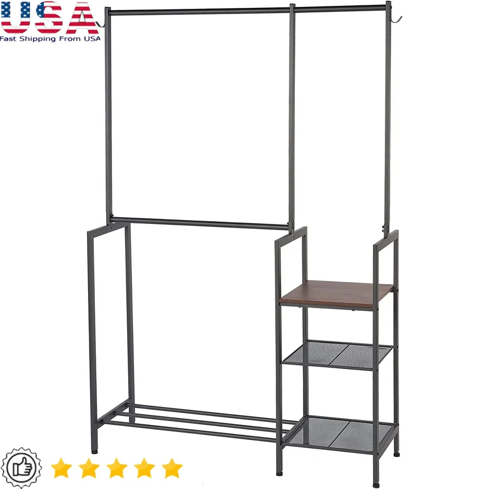 

Freestanding Closet Organizer with Double Hanging Rods Vertical Shelves Shoe Storage Heavy Duty Steel Frame Easy Assembly