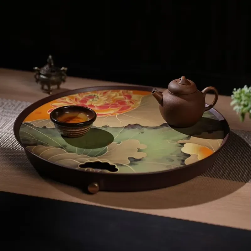 Handmade Copper Tea Tray with Lotus Pond Design Color Burning Finish Dual Purpose Storage and Drainage Zen Chinese Style Tea