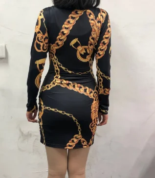 Dresses for Women 2023 Vintage Plunge Long Sleeve Wedding Guest Baroque Chain Print Twist Detail Skinny Sexy Party Mini Dress