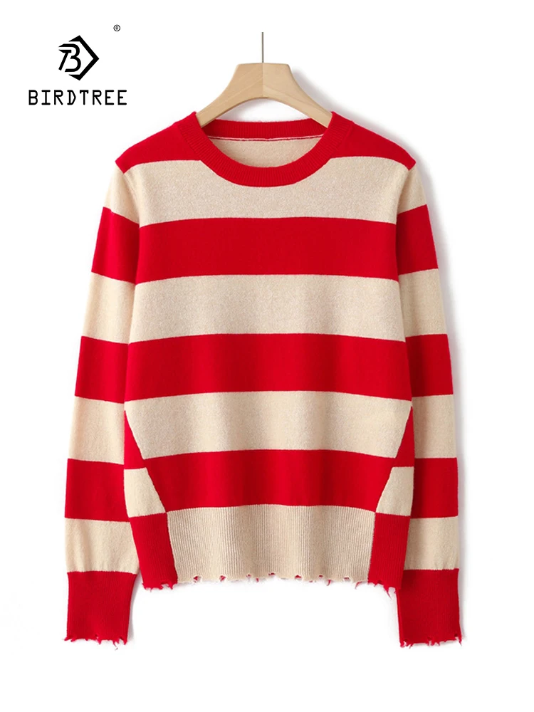 

Birdtree 35%Cashmere 65%Wool Stripe Sweater 2023 Autumn/Winter Round Neck Versatile Underlay Bottom Loose Knit Pullover T3N672QC