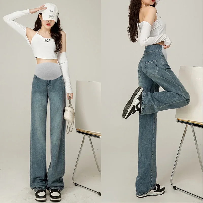 Wide Leg Denim Maternity Long Jeans Spring Autumn High Waist Support Belly Pants for Pregnant Women Retro Casual Baggy Pregnancy