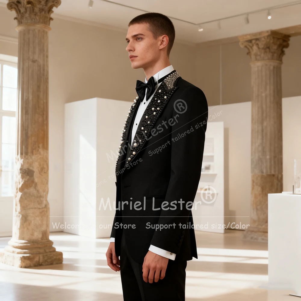 

Elegant Pearls Beaded Suits Men For Wedding 3 Piece Set Single Breasted Prom Blazer Customized Man Banquet Party Tuxedo Attire