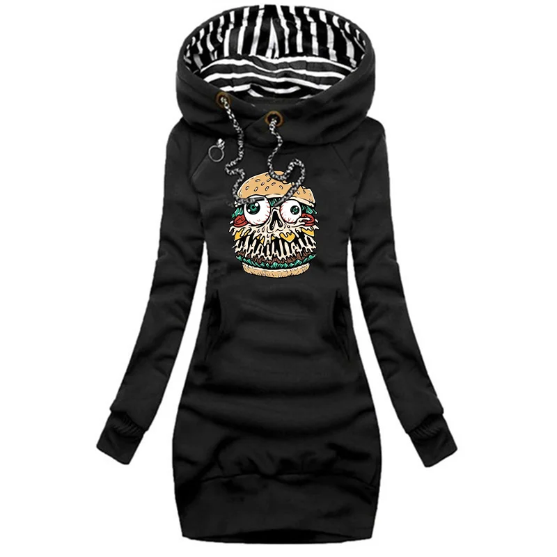 Women's Midi Skirt Dress with Pockets, Simple Hooded Style, Casual Wear, Fashionable Sporty Autumn/Winter Warm Casual Dress