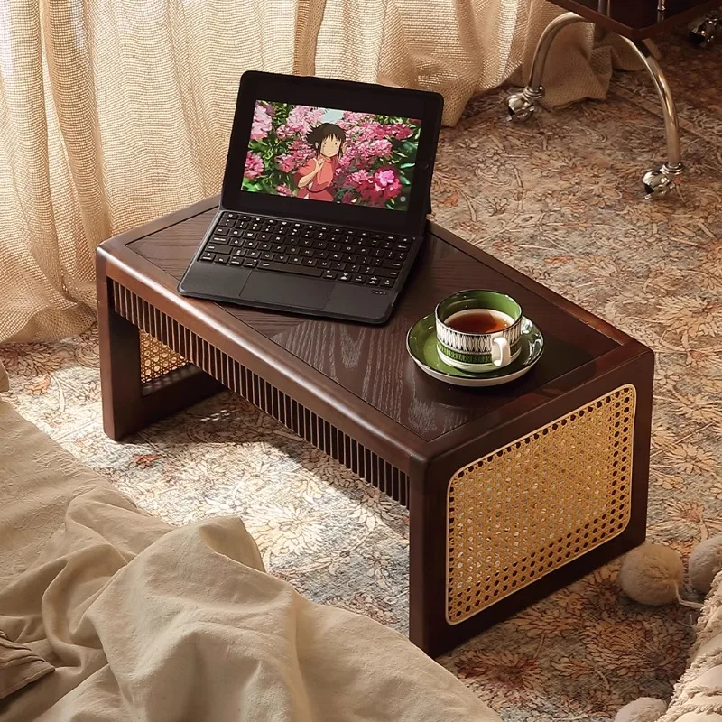 

Middle Ancient Style Shoe Bench Solid Wood Rattan Woven Foot Stool Multifunctional Coffee Table Multiscenes Applicable Side Desk