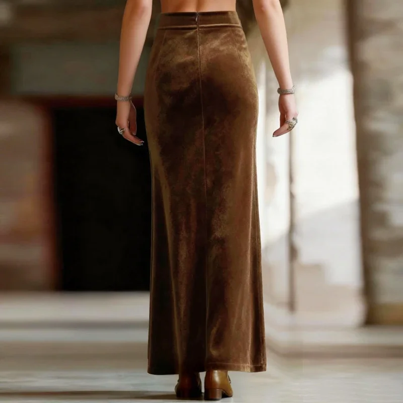 

Vintage Western Solid Suede Splicing Mesh Skirt Woman Sexy Edge Bead Split Long Skirt 2026 Spring Autumn High Waist Hollow Skirt