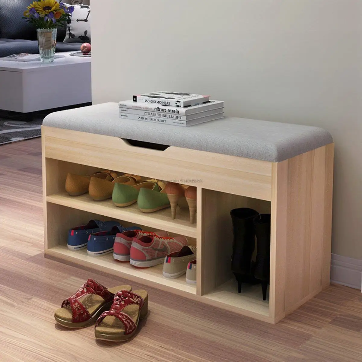 

Multifunction Shoes Cabinet Large Wooden Storage Rack Stool Padded Seat Sofa bench Shoes Organizer Cabinet Living Room Furniture