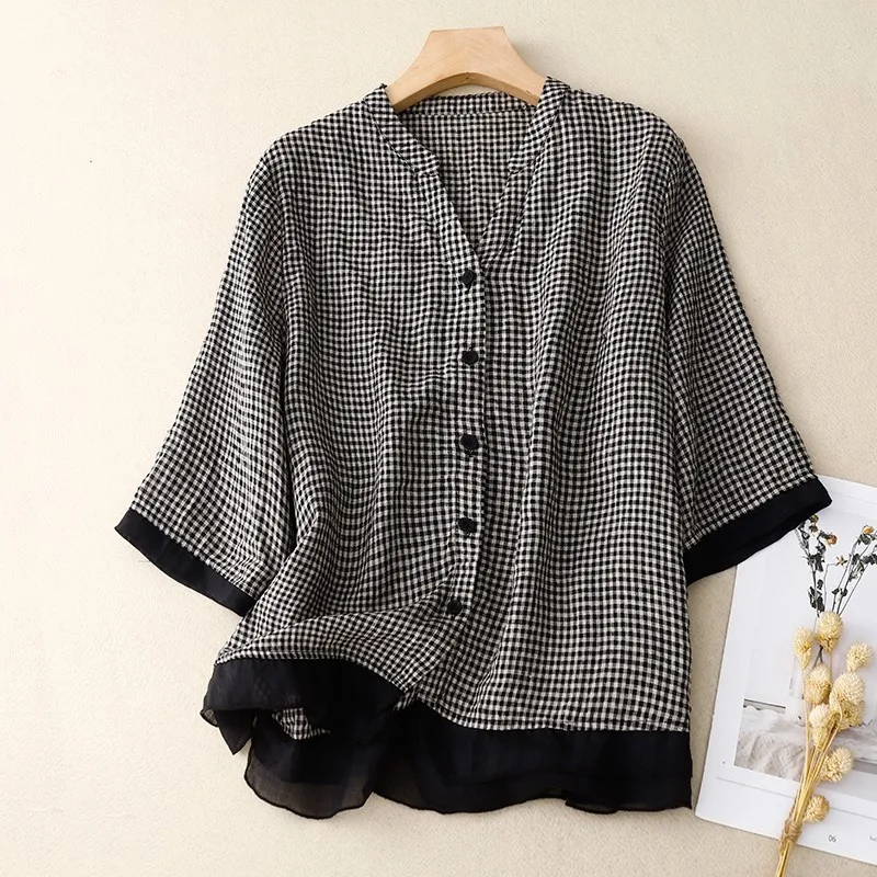 

2023 Summer New Arts Style Women Short Sleeve Loose Casual Shirts Vintage Plaid Cotton Linen Single Breasted V-neck blouse P110