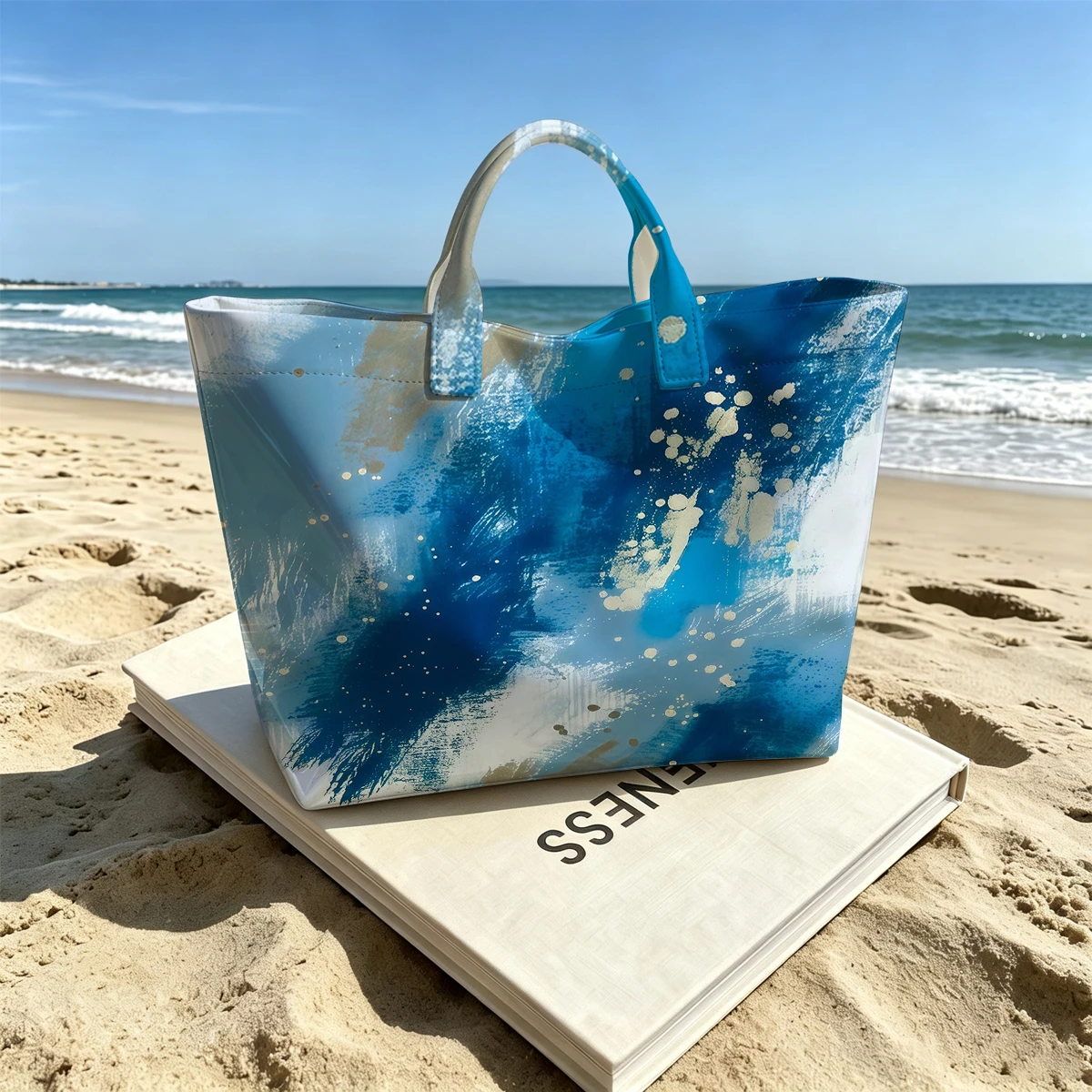 Blue Gold Brush Fashion Large Glossy PVC Tote Bag Hand Washable Waterproof Perfect Travel Commute Cosmetic Storage Shopper
