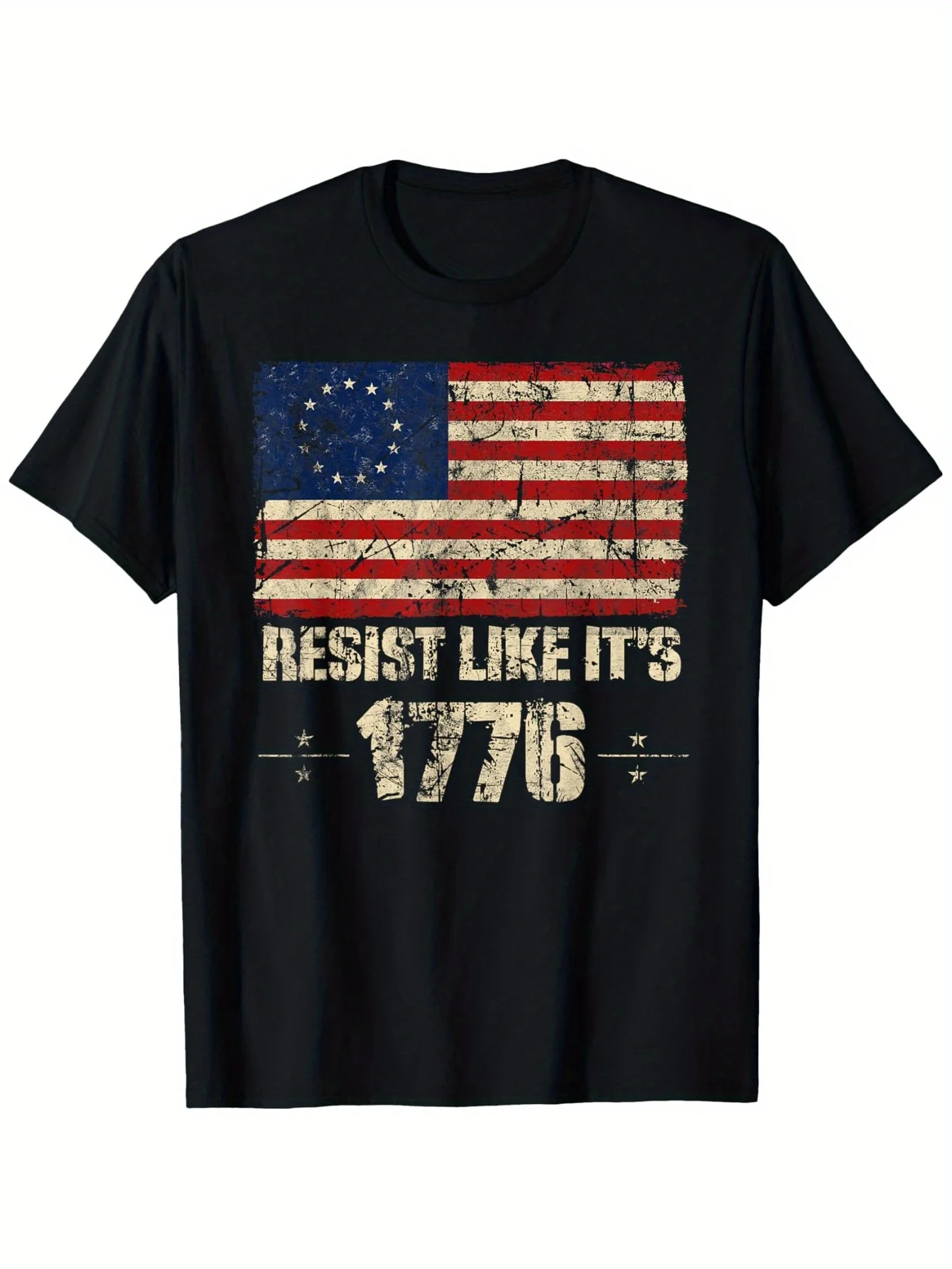 Resist Like It's 1776 American Patriot Conservative Flag T-Shirt - Vintage Distressed Design, Black, Short Sleeve, Round Neck, M