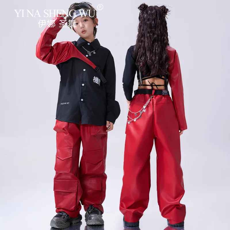 Trajes de jazz infantil meninos e meninas hip-hop na moda dança de rua vermelho-preto terno crianças moda k-pop palco desempenho traje