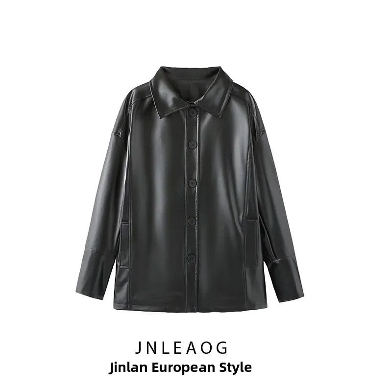 JNLEAOG Faionable ort cuir Jaet femmes irt col coupe-vent automne nouveau Sle français Sle coupe ample Polyester