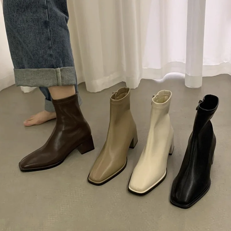 Autumn Winter Design Heel Ankle Boot Fashion Square Toe Zipper Ladies Casual Chelsea Boots Shoes Soft Leather Short Boot