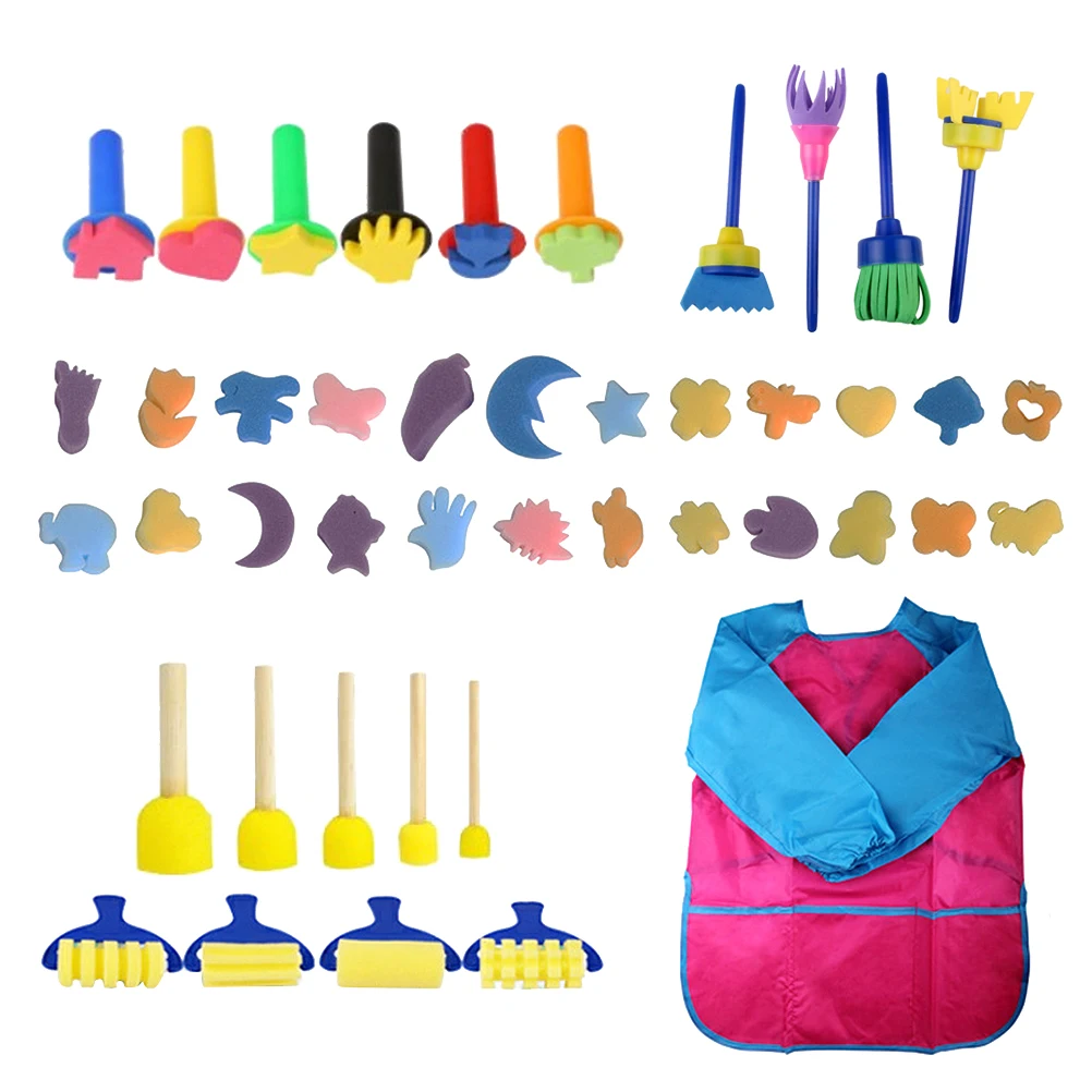 

44pcs in 1 Set Red DIY Art Painted Sponge and Apron Set Colorful Early Educational Graffiti Drawing Seal Painting Art Supplies