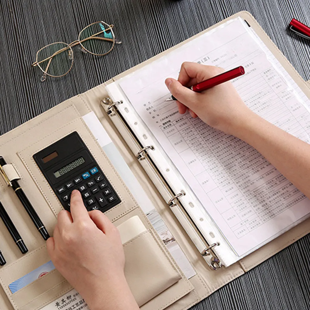 

PU Notebook Binder Loose Leaf Ring for Professional Document Folder with Multiple Slots and Pen Holder Interlayer Design