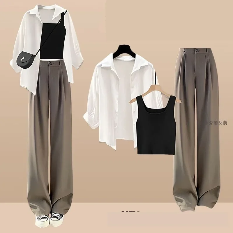 2024 Summer New Korean Casual Sunscreen Shirt+Vest+Suit Wide Leg Pants Three Piece Women\'s Fashion Blouse Trousers Matching Set