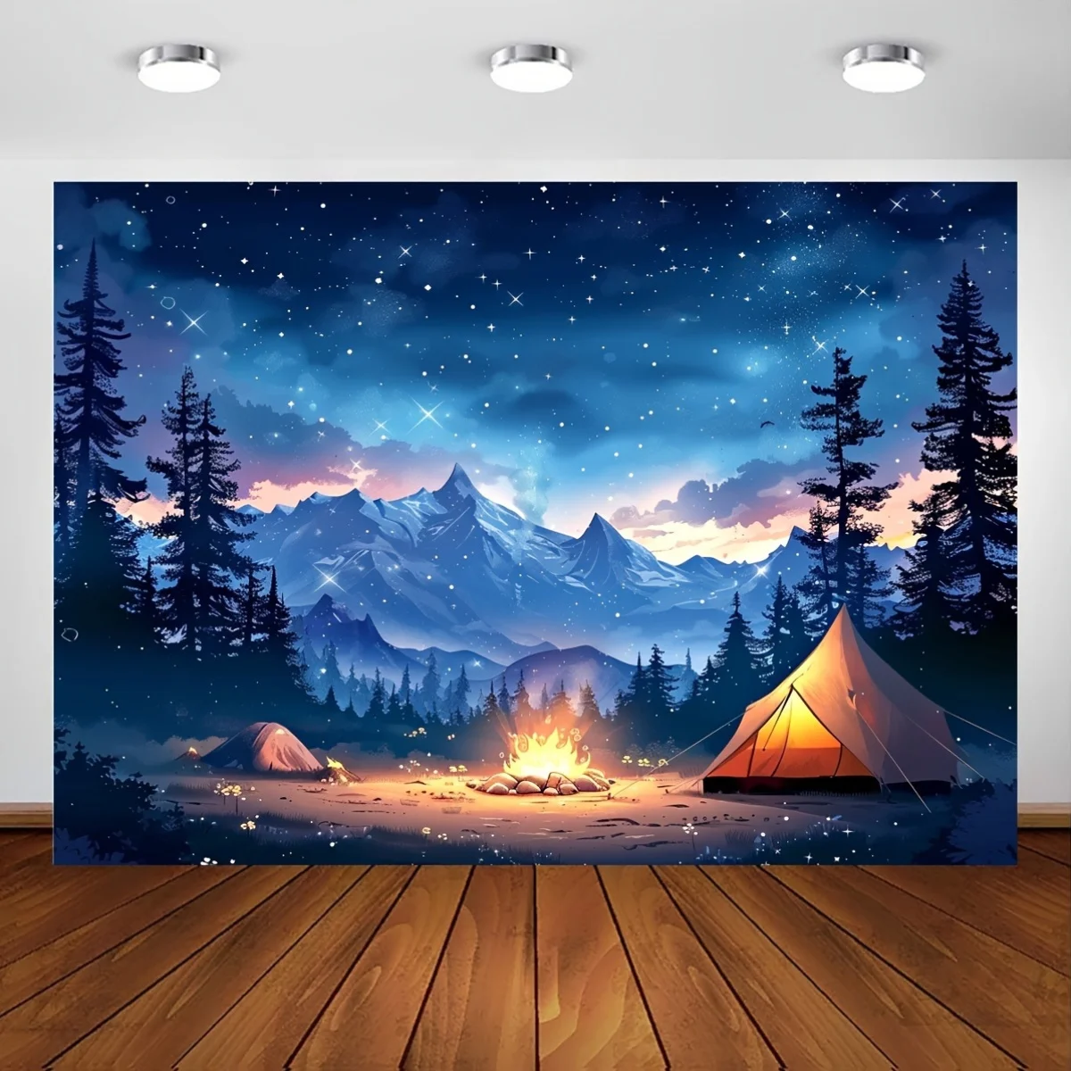 2D Flat, Starry Night Camping Backdrop 2D Flat Printing Tapestry with Mountains and Tent for Outdoor Adventure Theme