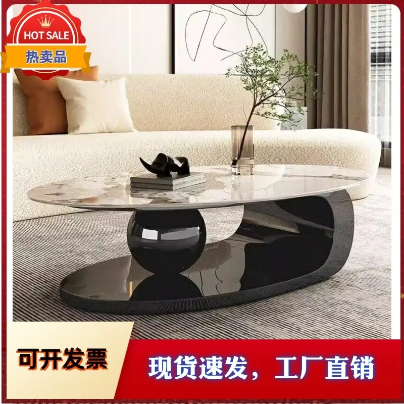 Tavolino da caffè ovale in lastra di roccia in stile minimalista nordico, soggiorno domestico, tavolino combinato con vento, tavolino Internet