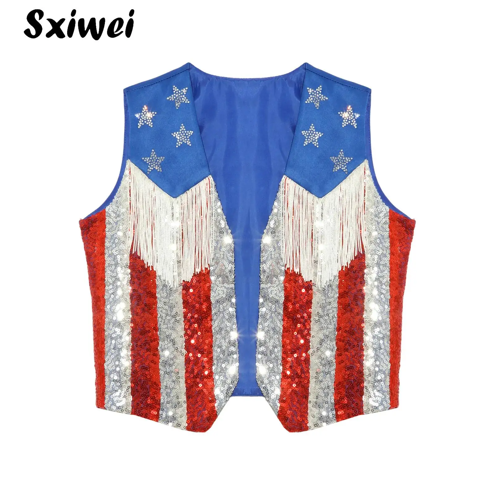 Boys Girls Shiny Sequins Stripes Vest Tank Top Tassel Open Front Waistcoat Kids Independence Day Themed Party Stars Vest Costume