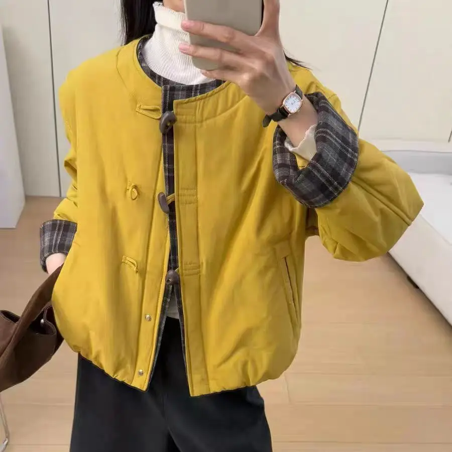 

Fashion Cotton-Padded Jacket Women's Parkas Autumn Winter New Korean Down Cotton Coat Ladies Plaid Overwear Round Neck Outwear