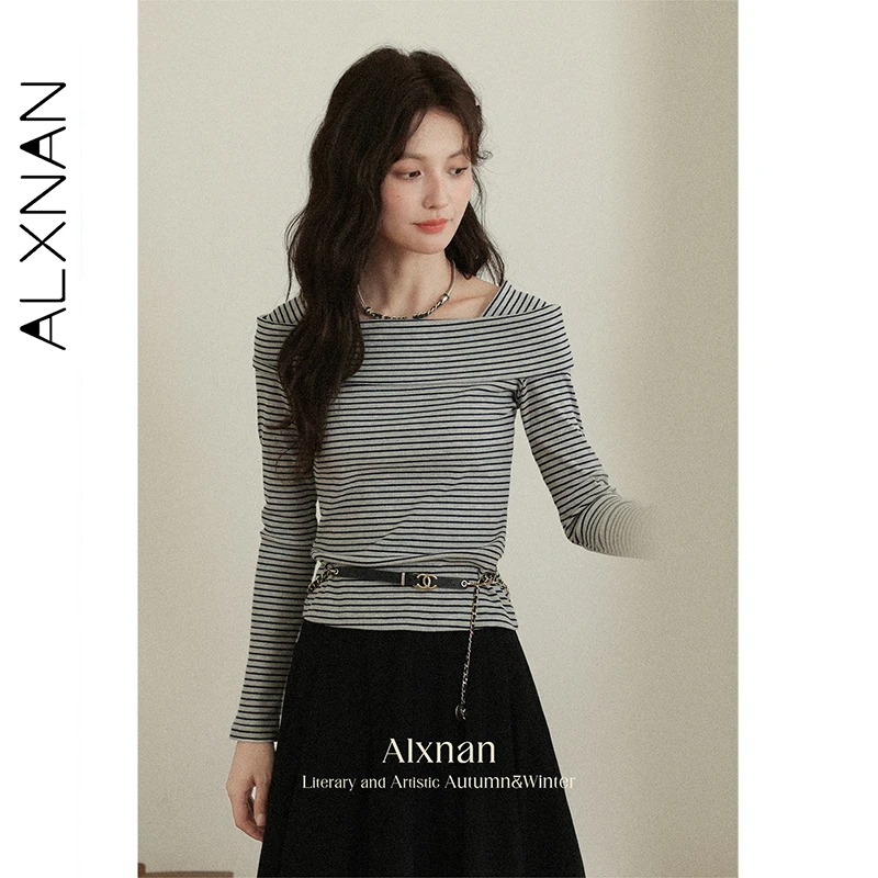 

ALXNAN Striped One-shoulder T-shirt Women's Cotton Chic Versatile Slim-fit Long Sleeve T-shirts 2025 Autumn Ladies Tees L56880