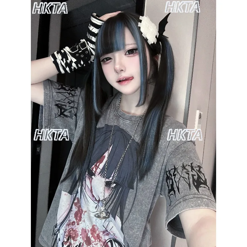 Japanese Subculture Two Dimensional Y2k Loose Print Short Sleeved T Shirt Top Dark Goth Loose Punk High Street Tshirt Women