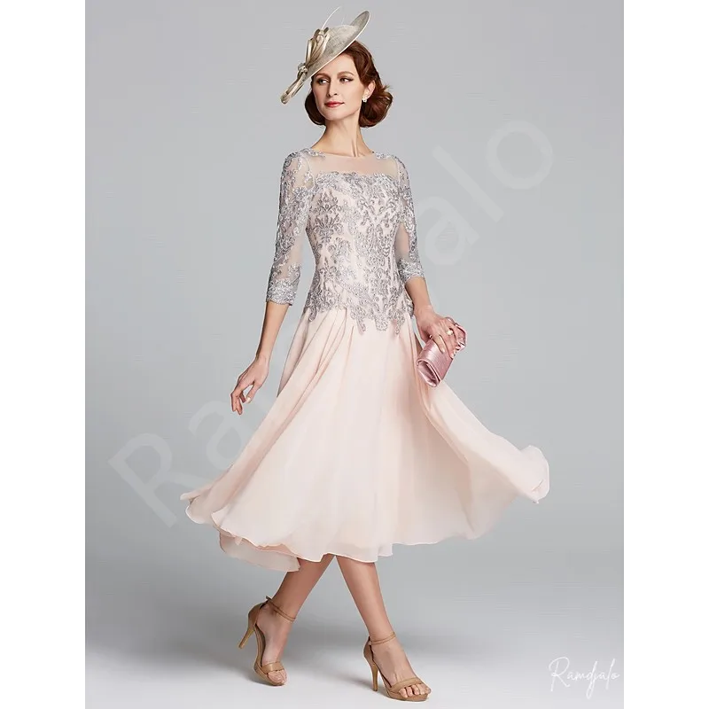 Customized Mother of the Bride Dresses A-Line Pastel Pink Contrast Color 3/4 Sleeves Illusion Lace Neck Wedding Party Guest Gown