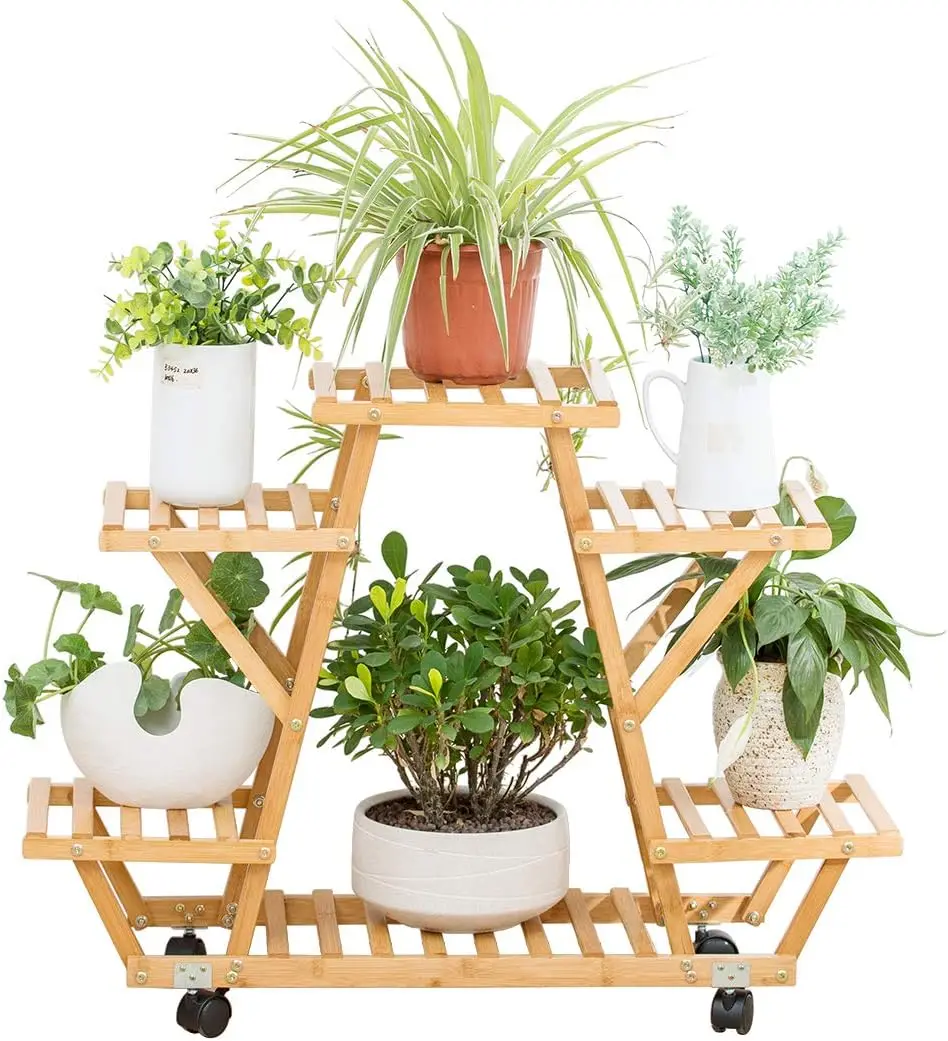 

Bamboo Rolling 6 Tier Plant Stand Rack Multiple Flower Pot Holder Shelf Indoor Outdoor Planter Display shelving unit for Patio G