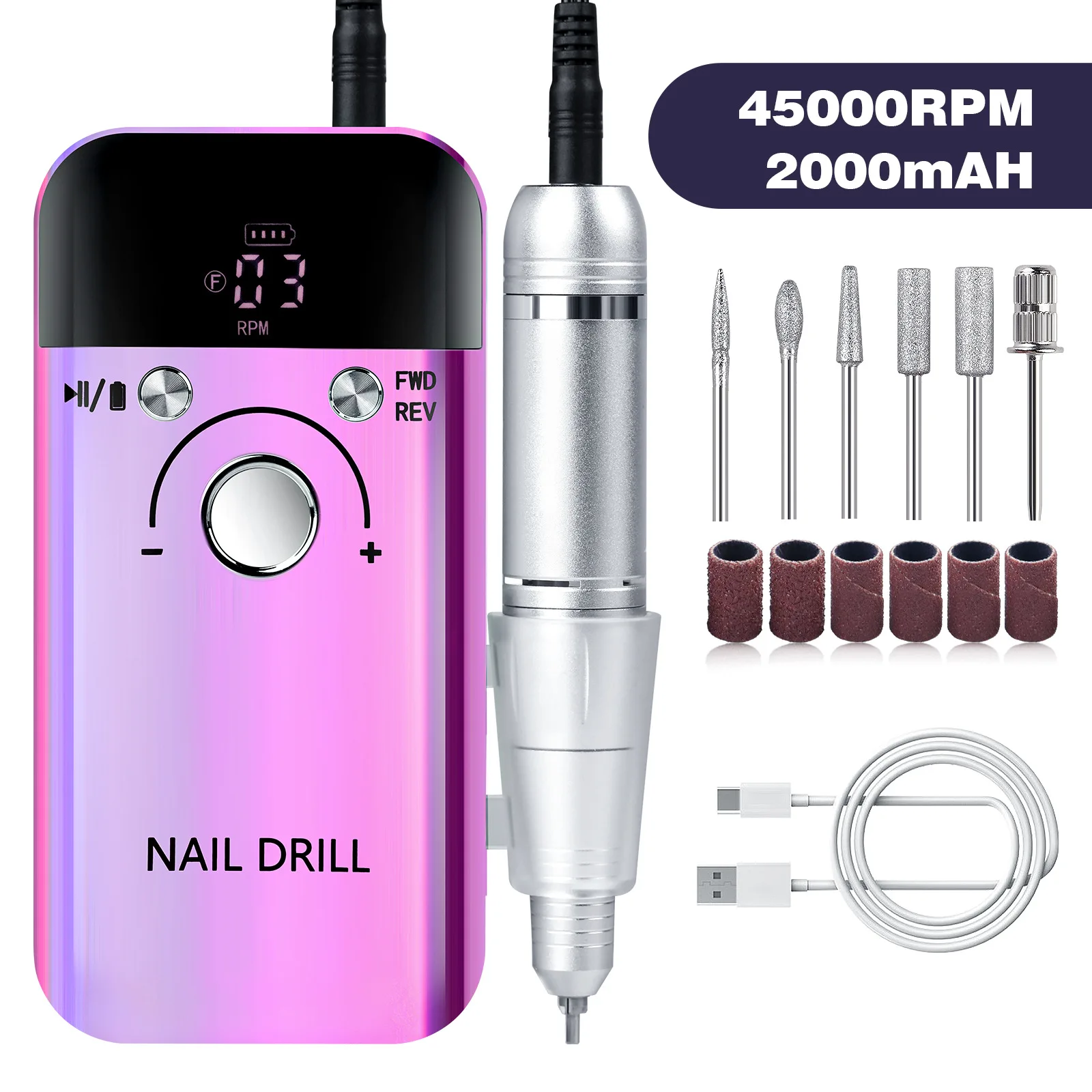 45000RPM Nail Drill Professional Polishing Machine Lathe for Manicure Milling Cutters Electric Sander File Gel Nails Polisher