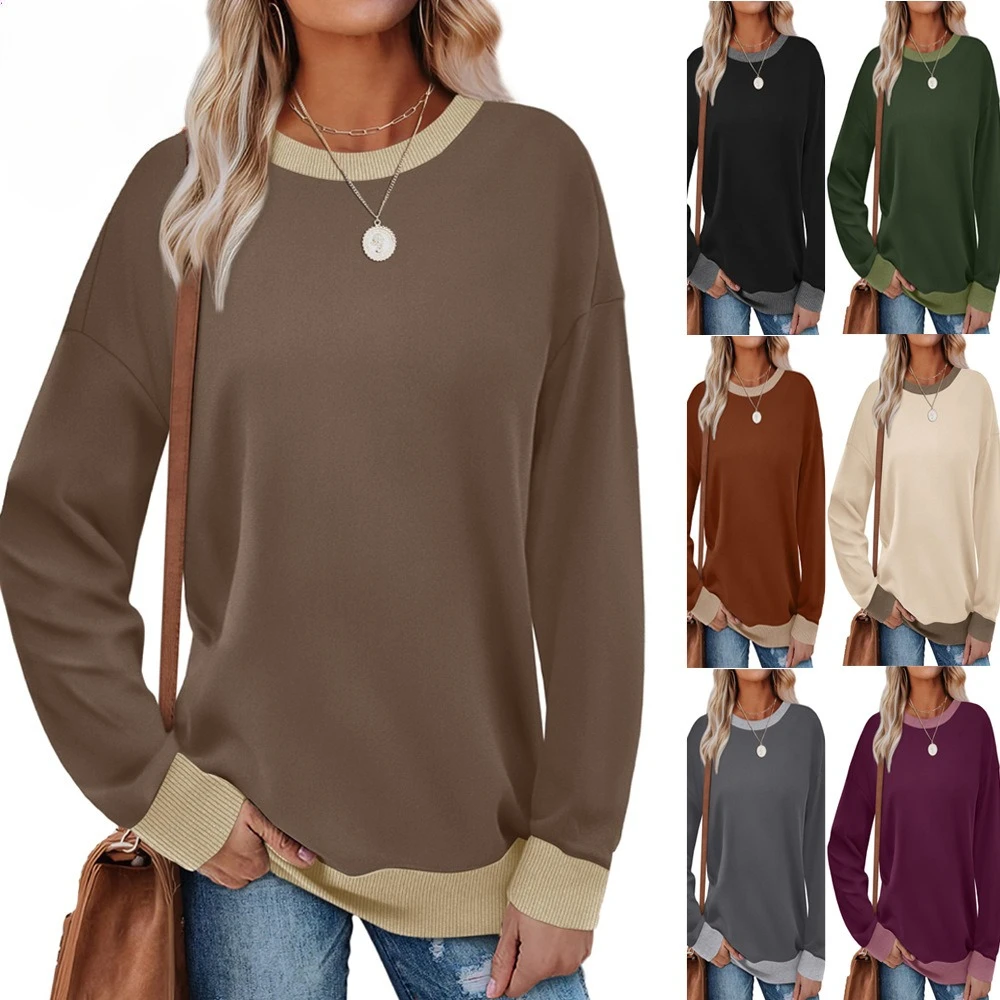 

Y2K solid color casual loose T-shirt women's autumn fashion contrasting color crew neck striped long-sleeved top jumper