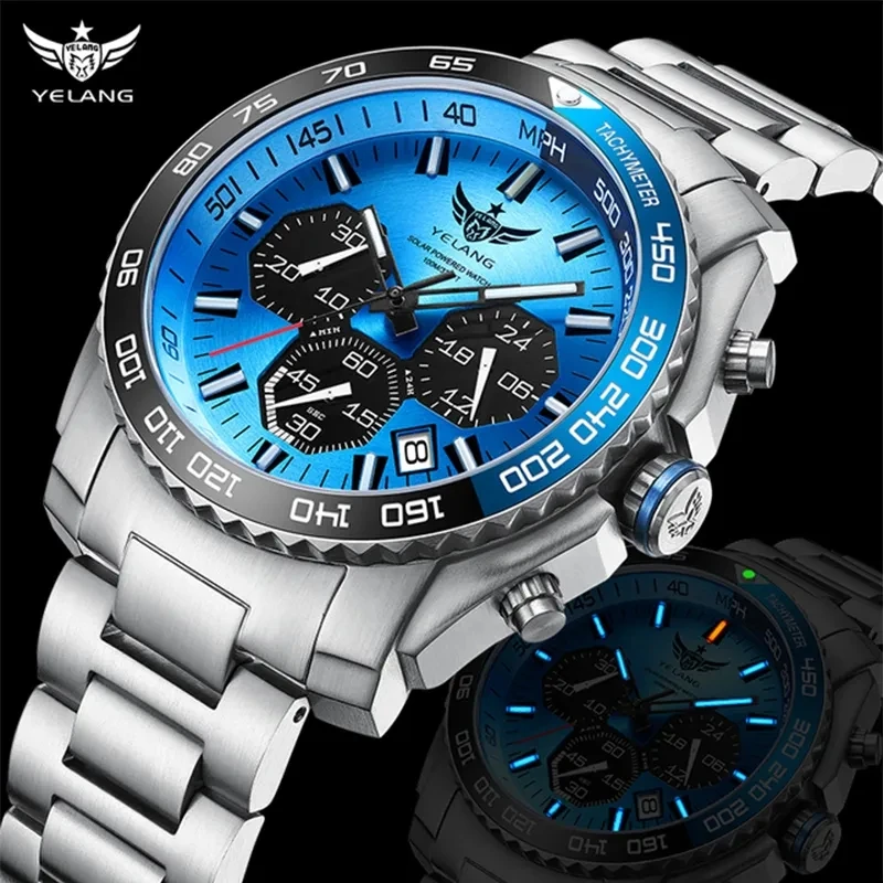 YELANG Mens Japan Eco-Drive VR42 Movement Diving Watches H3 T100 Self Luminous WR100m Sapphire Date Energy Display Watch V1215