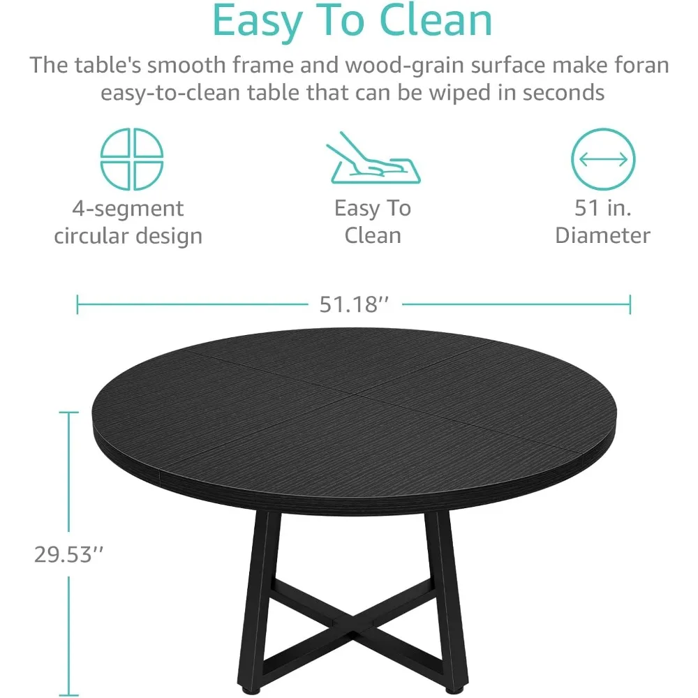 Black Round Dining Table for 6, Modern 51 Inch Wood Table for 4-6 Person Kitchen