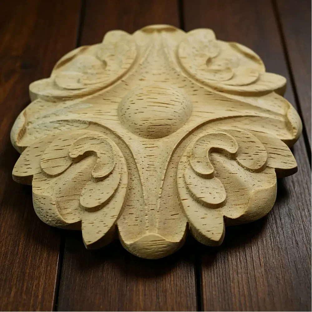 Retro Exquisite Classical Wood Applique Wood Craft Onlay Wood Decal Floral Oval Round Wooden Furniture Accessories Decoration