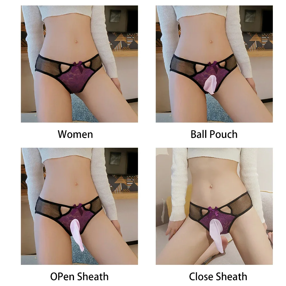 Mens Sissy Pouch Panties Sexy Lace Sheer Briefs Ultra-Thin Breathable Perspective Underwear Gay Open Closes Sheath Underpant