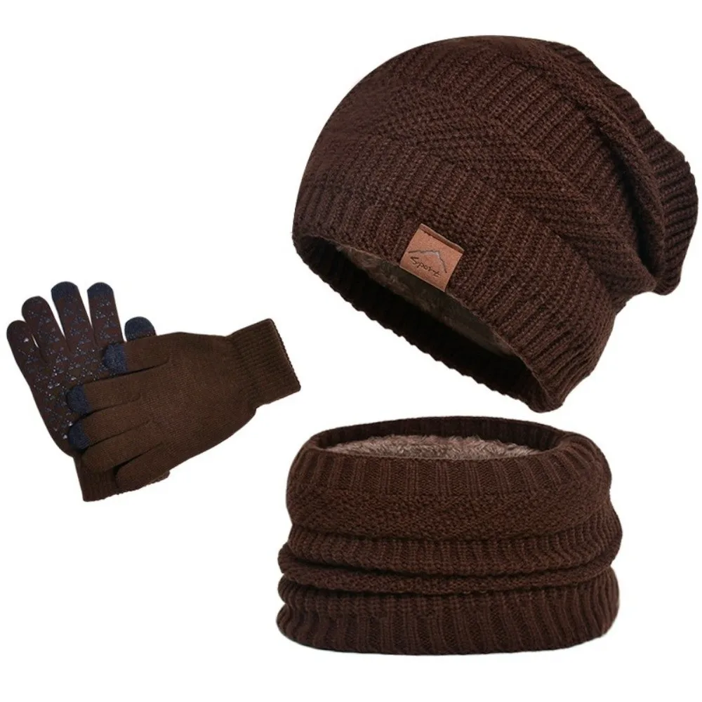 3pcs Hiking Solid Color Hat Scarf Gloves Set Wool Thicken Thermal Knit Cap Warm Neck Protector Winter Beanie Hat Outdoor