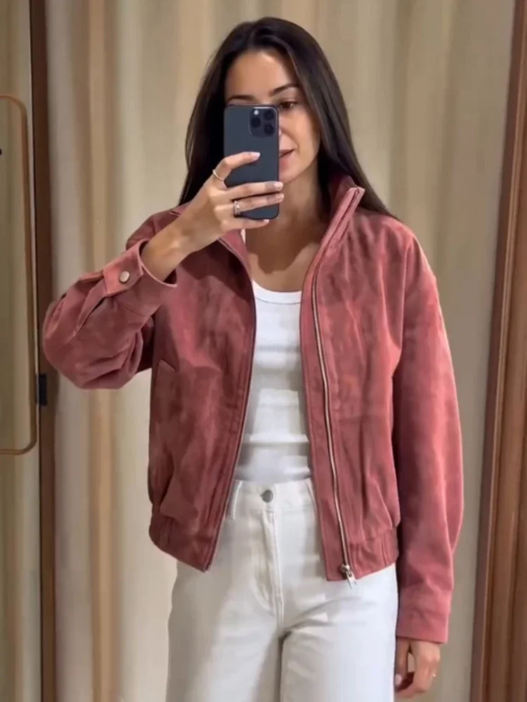 Women Dusty Faux Suede Bomber Jacket Stand Collar Zip Up Loose Drop Shoulder Elastic Hem Casual Fall Outerwear 2026 Fashion Coat