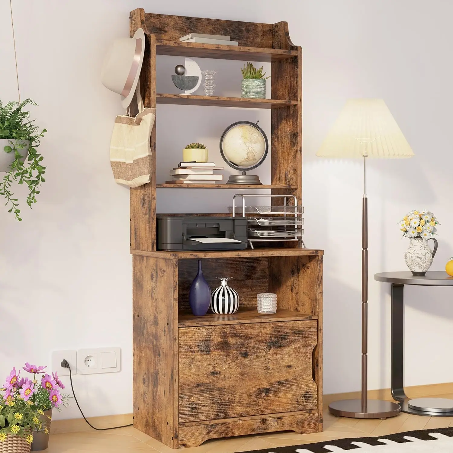 

Nightstand with Charging Station, 55" Tall End Side Table with Storage Cabinet, Small Bookshelf, for Living Room Office Bedroom,