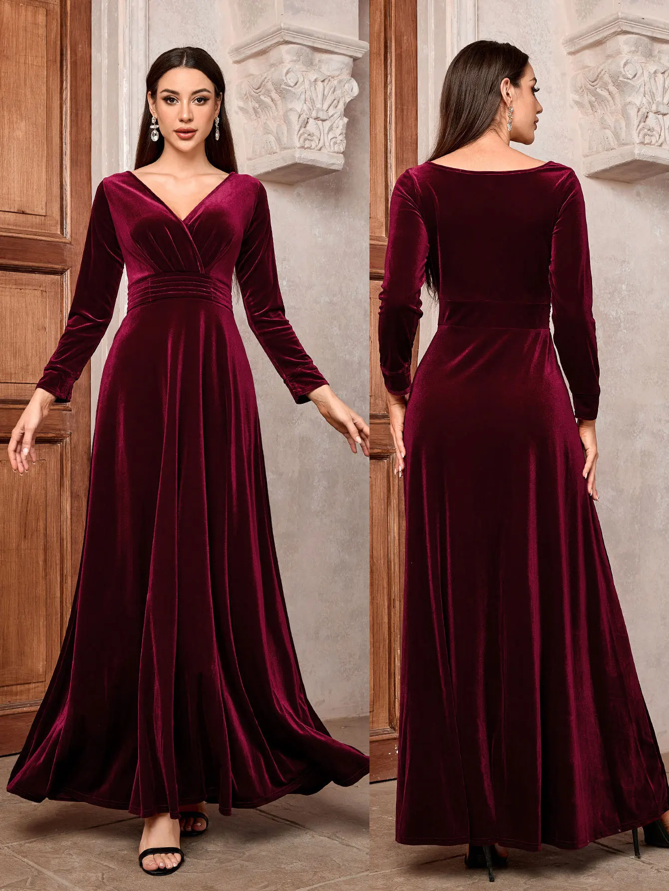 

Elegant Velvet V Neck Dress Long Sleeve Waist Cinch Party Dress A Line Maxi Evening Dress Chic Floor Length Gown For Women