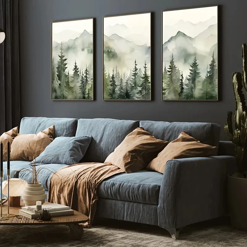 3pcs/Set Watercolor Sage Green Mountain Poster Pine Forest Painting Abstract Modern Simple Landscape Decoration Mountain Scenes